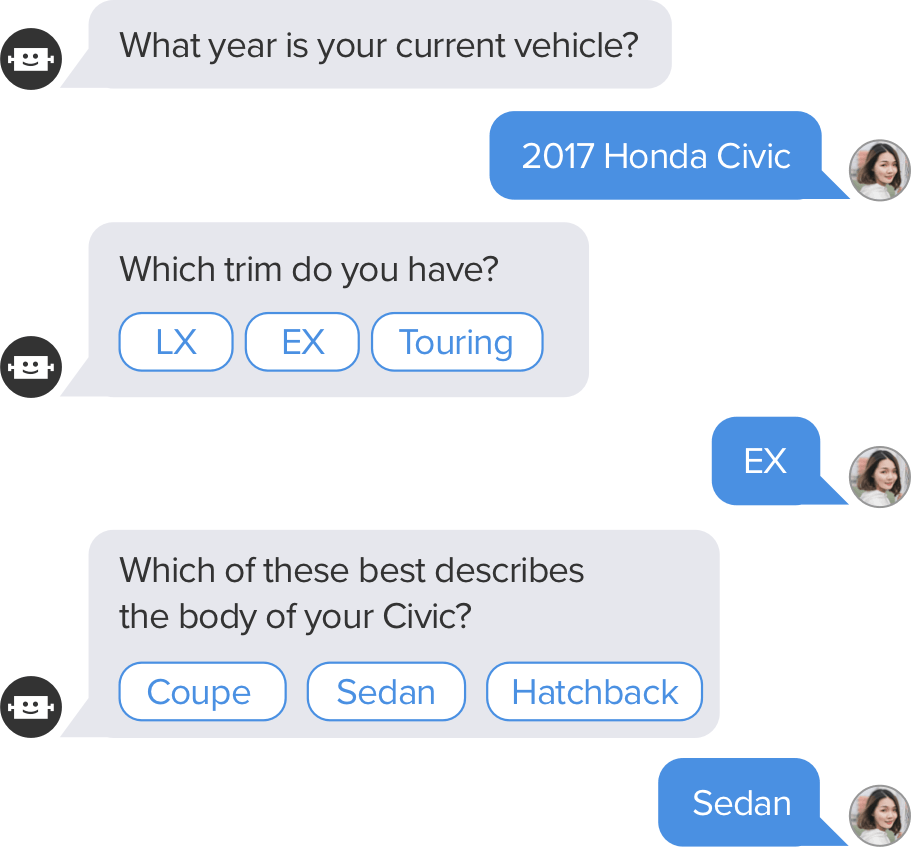 Chat interface collecting car details such as year