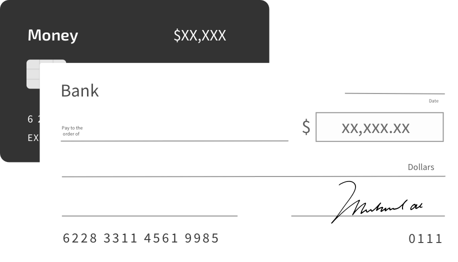 bank check illustration placed over a credit/debit card